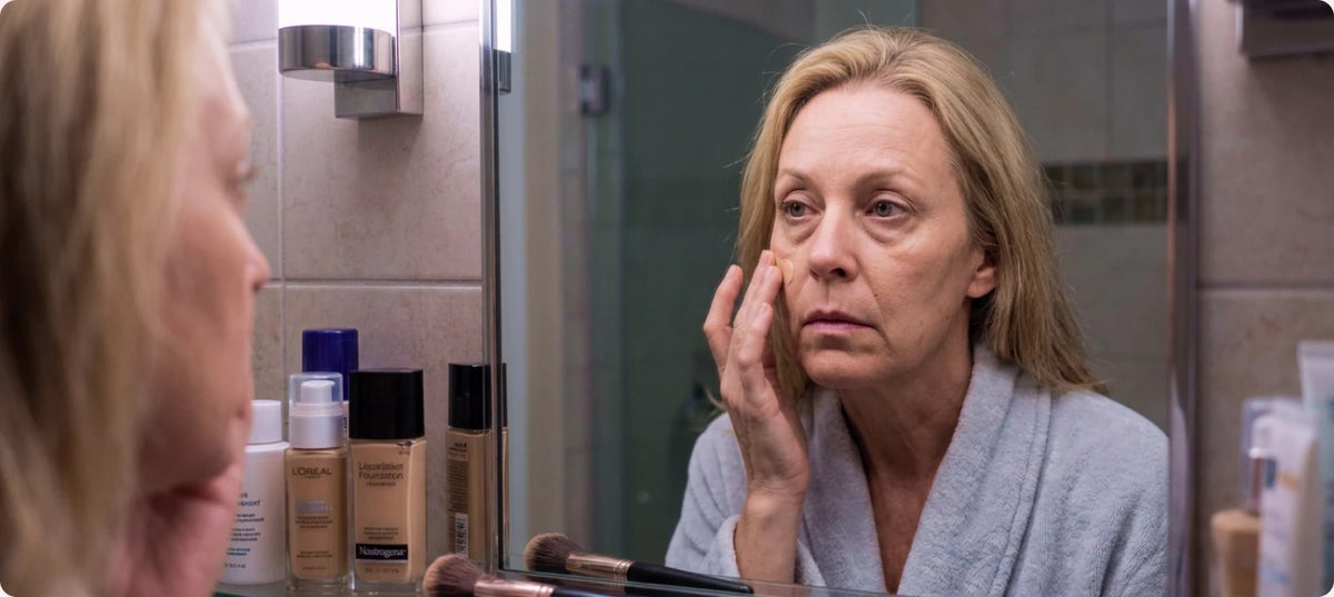 Woman looking at her face in a bathroom mirror