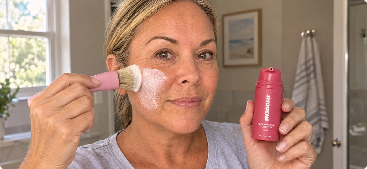 Woman blending Smooche foundation onto her cheek while holding the bottle