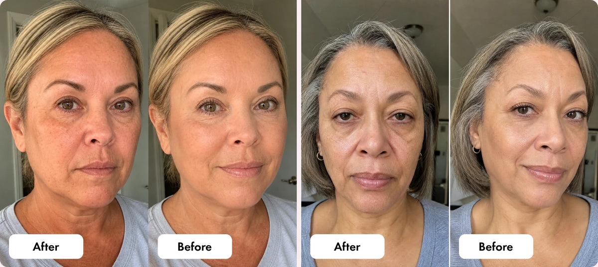 Two before and after comparisons showing smoother skin after use