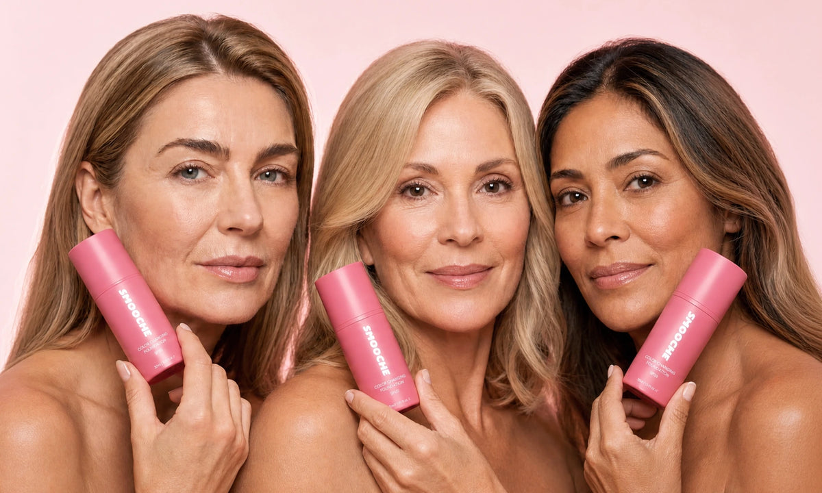 Three women over 40 holding Smooche Color Changing Foundation