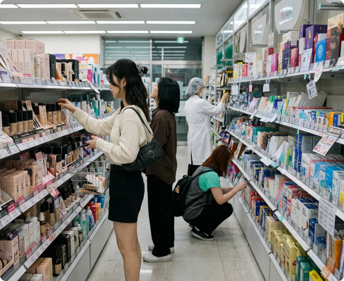 Shoppers browsing cosmetics in a Korean pharmacy