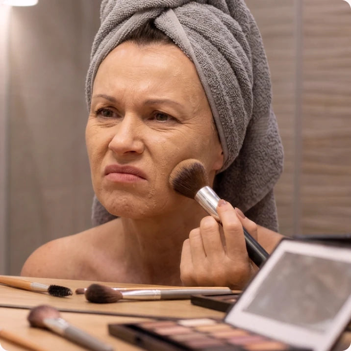 Woman applying foundation in front of a mirror