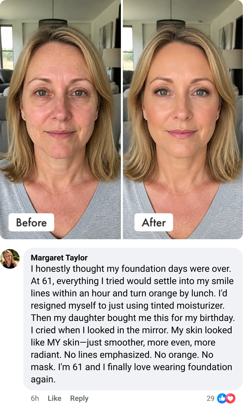 Margaret Taylor, 61: I thought my foundation days were over. Everything I tried settled into my smile lines and turned orange. My daughter gifted me this and I cried at the mirror. My skin looked like my skin, just smoother and more even.