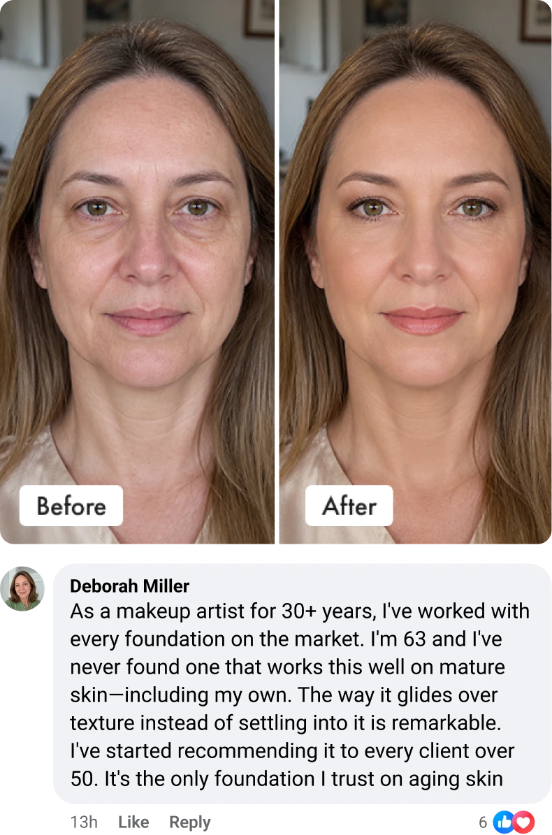Deborah Miller, 63: As a makeup artist for 30+ years, I've never found one that works this well on mature skin, including my own. It glides over texture instead of settling into it. I now recommend it to every client over 50.